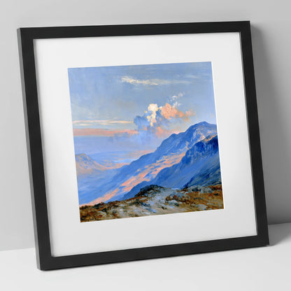 Sunlit Summit Over Blue Fells lake district fell art print in black frame