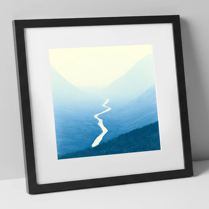 Blue Valley Winding River lake district waterfall art print in black frame