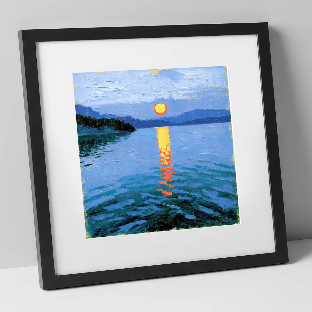 Fiery Sunset Over the Lake lake district lake art print in black frame