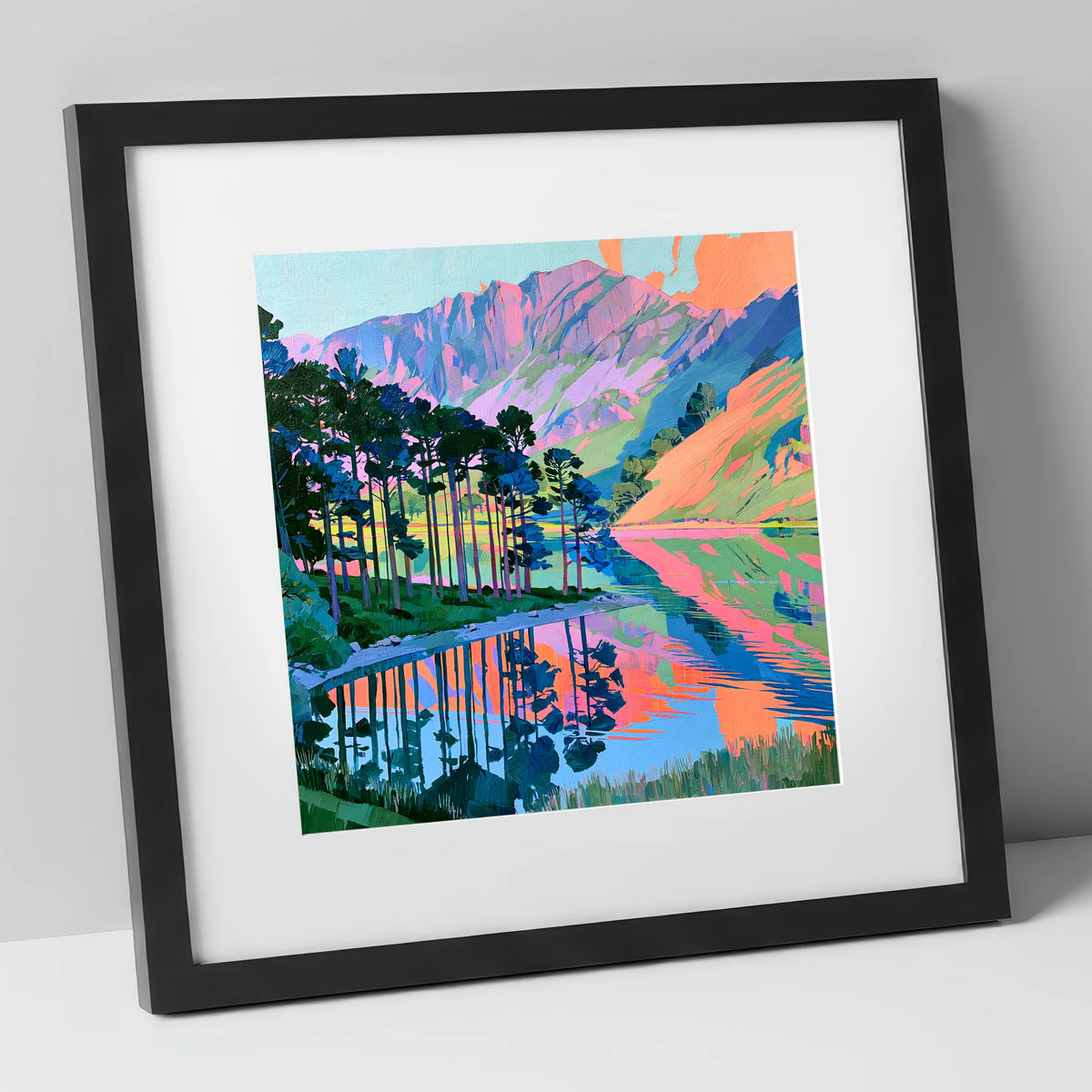 Vibrant Buttermere Scots Pines lake district lake art print in black frame