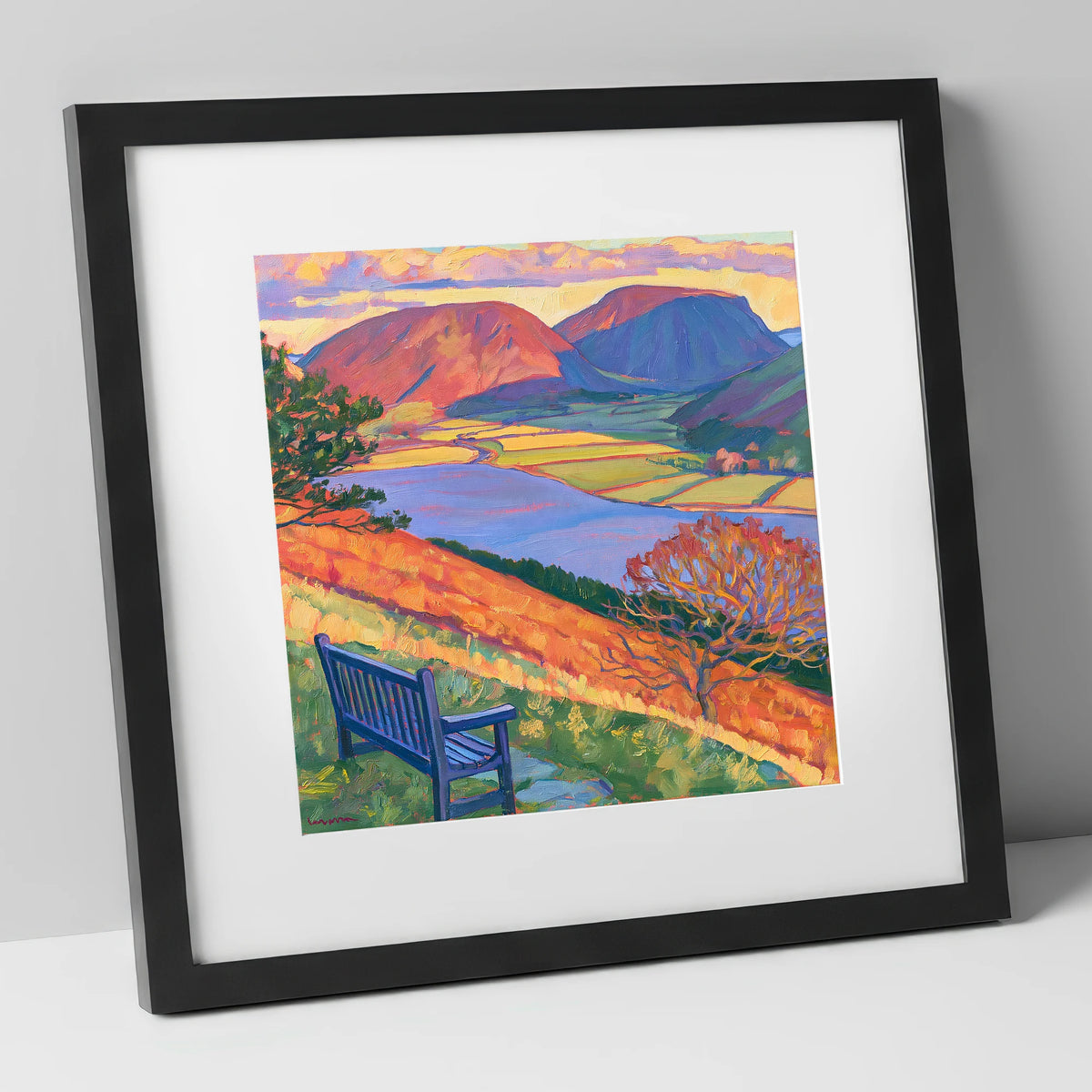 Vibrant Bench View Over Loweswater lake district lake art print in black frame