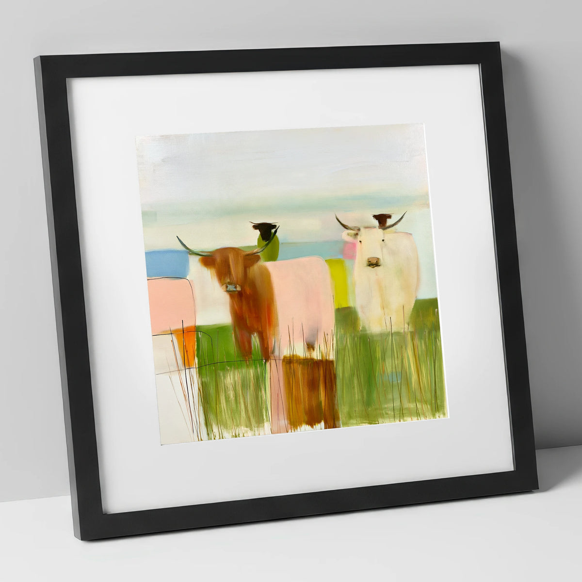 Highland Cattle in Abstract Pastels lake district wildlife art print in black frame