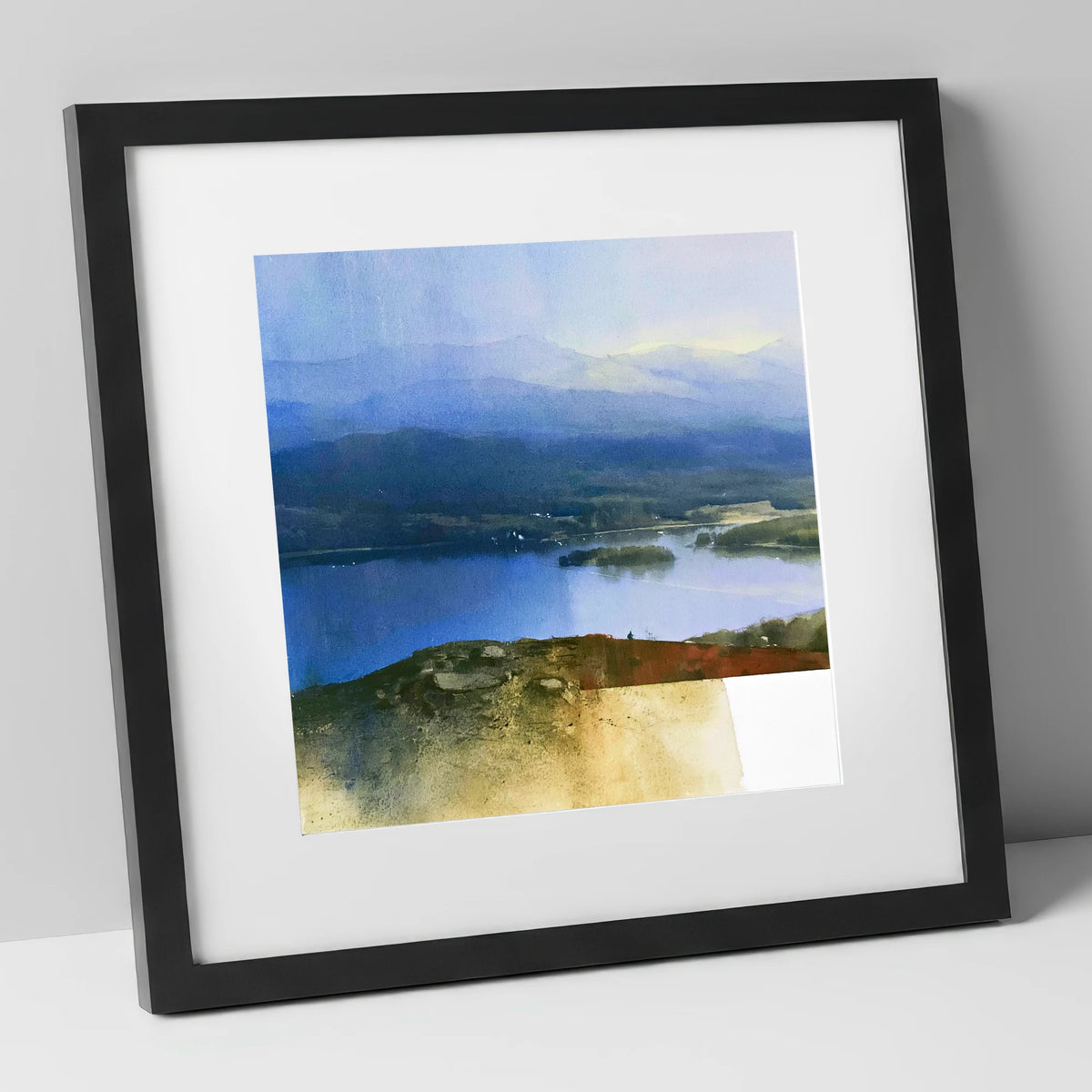Indigo Windermere from Brant Fell lake district village art print in black frame