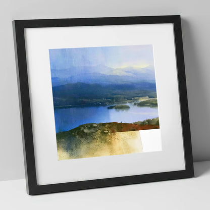 Indigo Windermere from Brant Fell lake district village art print in black frame