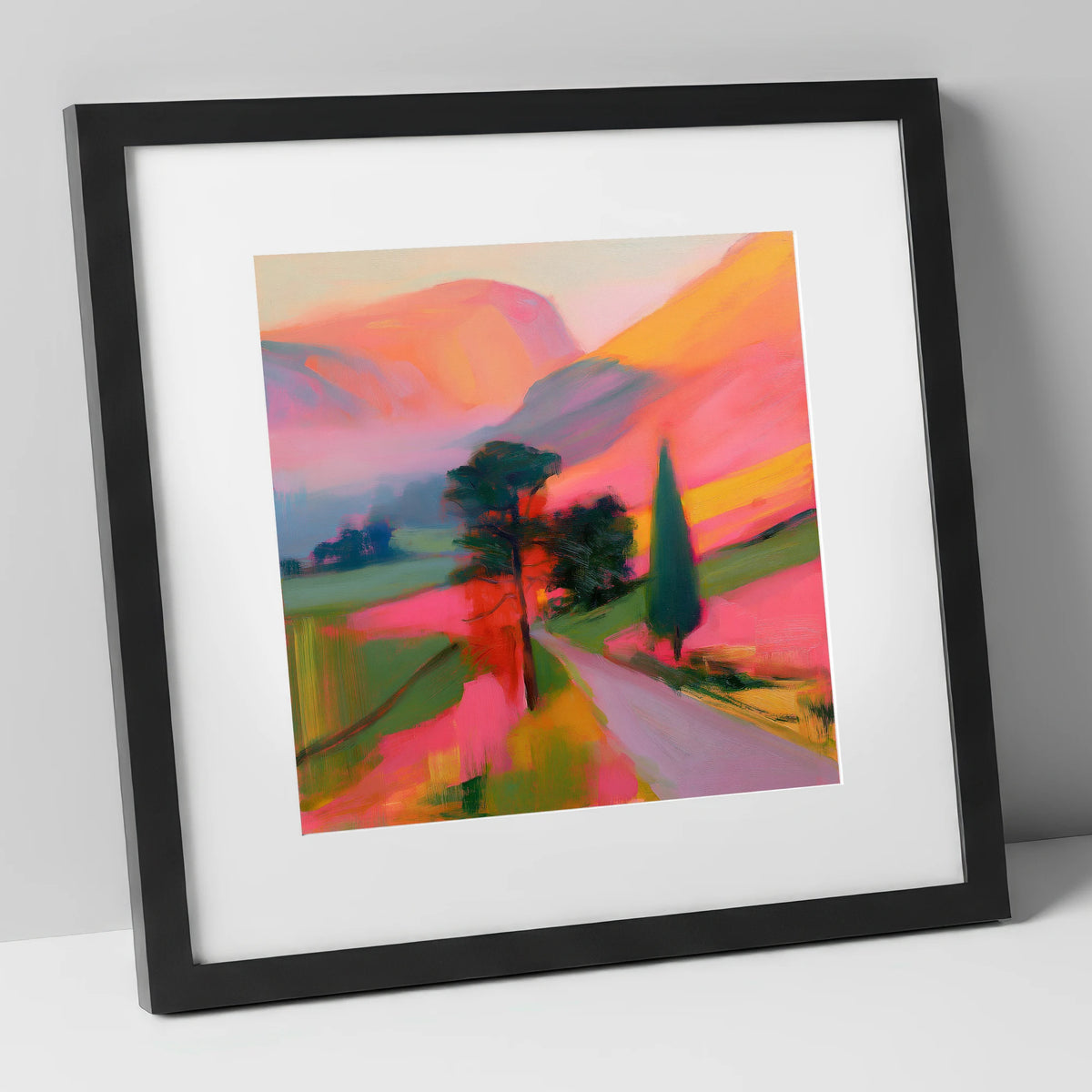 Neon Morning Valley Mist lake district sky art print in black frame