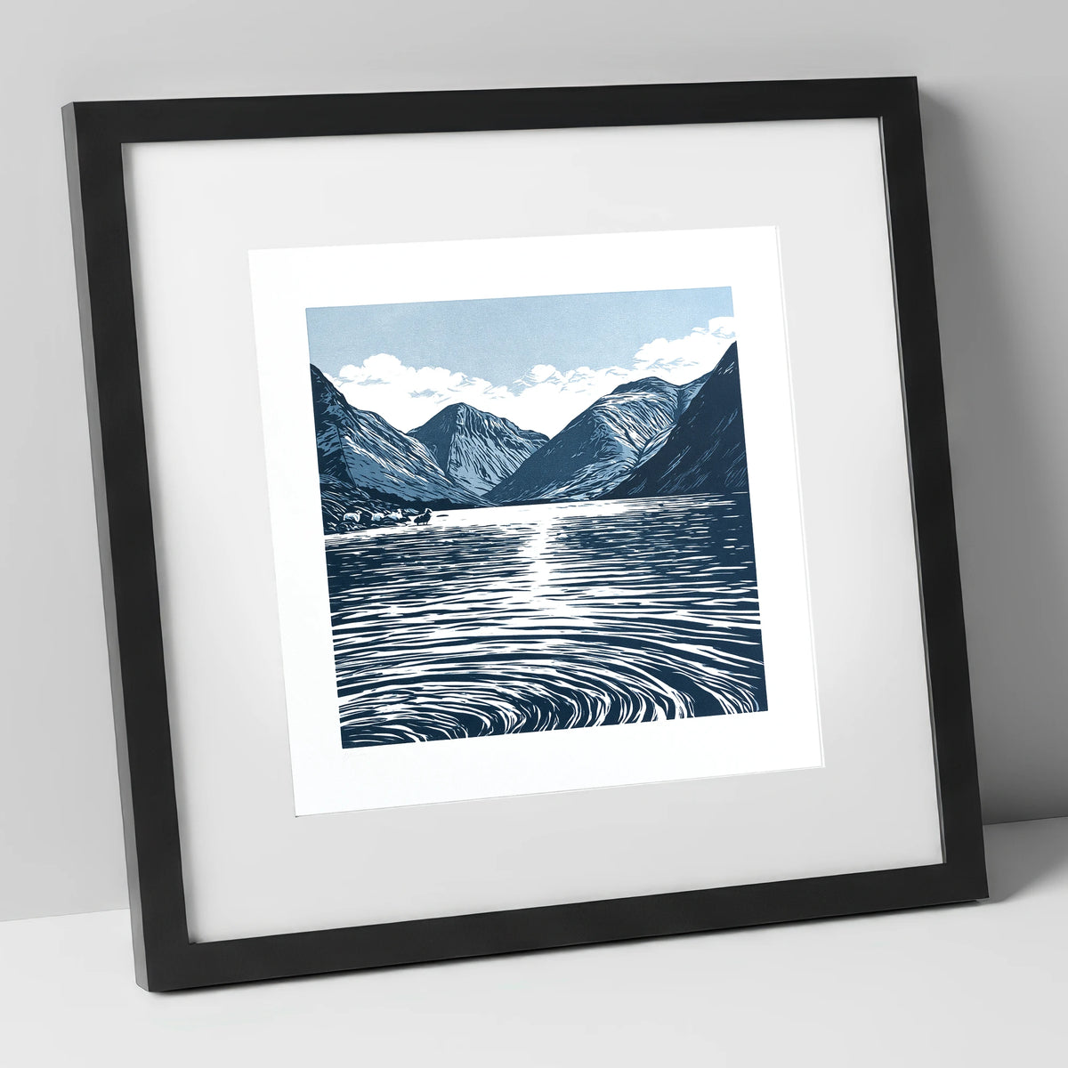 Wastwater Fells in Deep Navy lake district lake art print in black frame