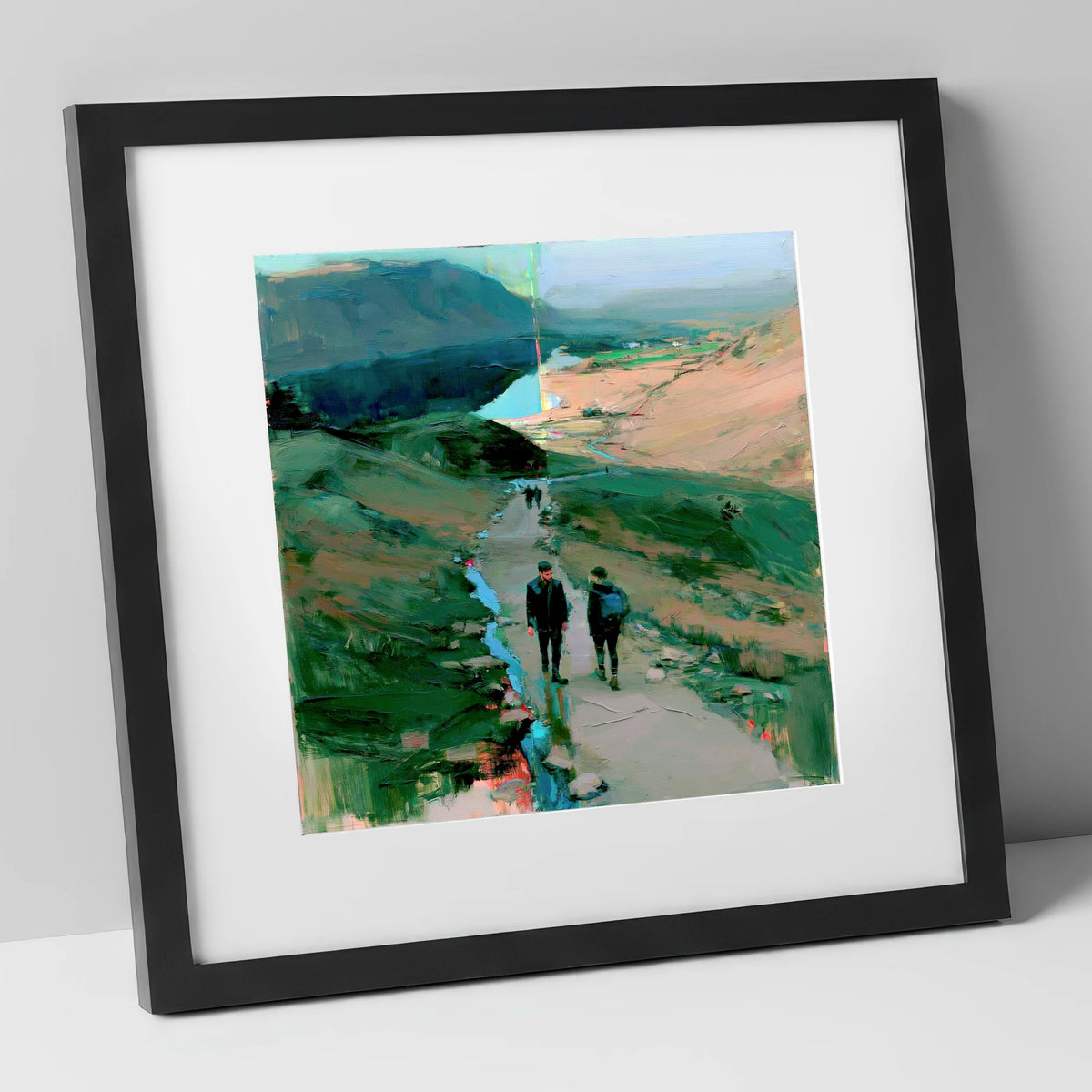 Mountain Hikers on the Fell Path lake district walking art print in black frame