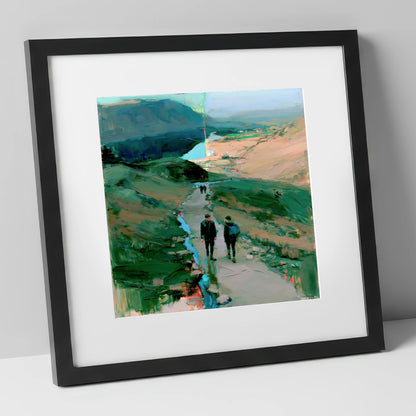 Mountain Hikers on the Fell Path lake district walking art print in black frame