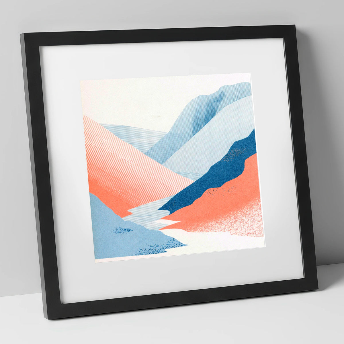 Kirkstone Pass in Blue and Coral lake district valley art print in black frame