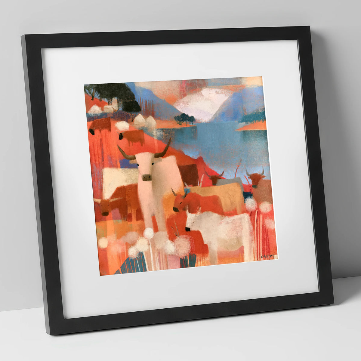 Coral Fells and Highland Cattle lake district wildlife art print in black frame