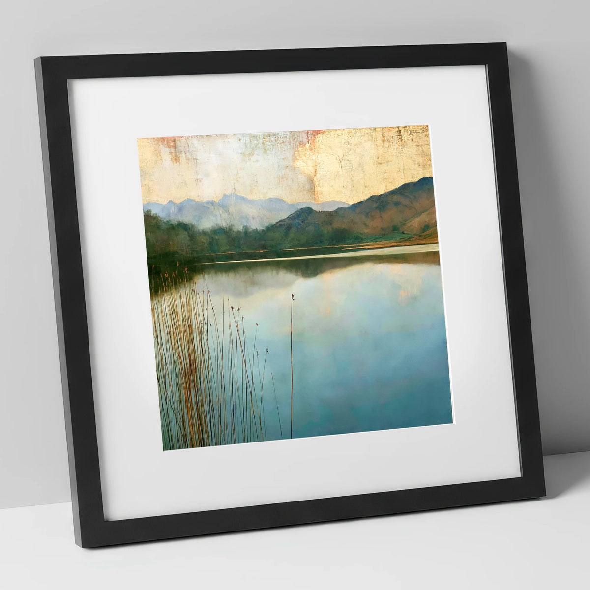 Elterwater Beneath a Golden Sky lake district lake art print in black frame