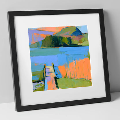 Vibrant Grasmere Wooden Jetty lake district lake art print in black frame