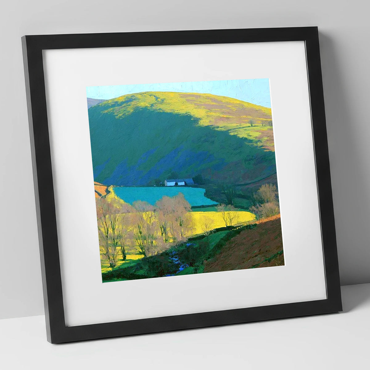 Vibrant Ling Fell Valley Farm lake district fell art print in black frame