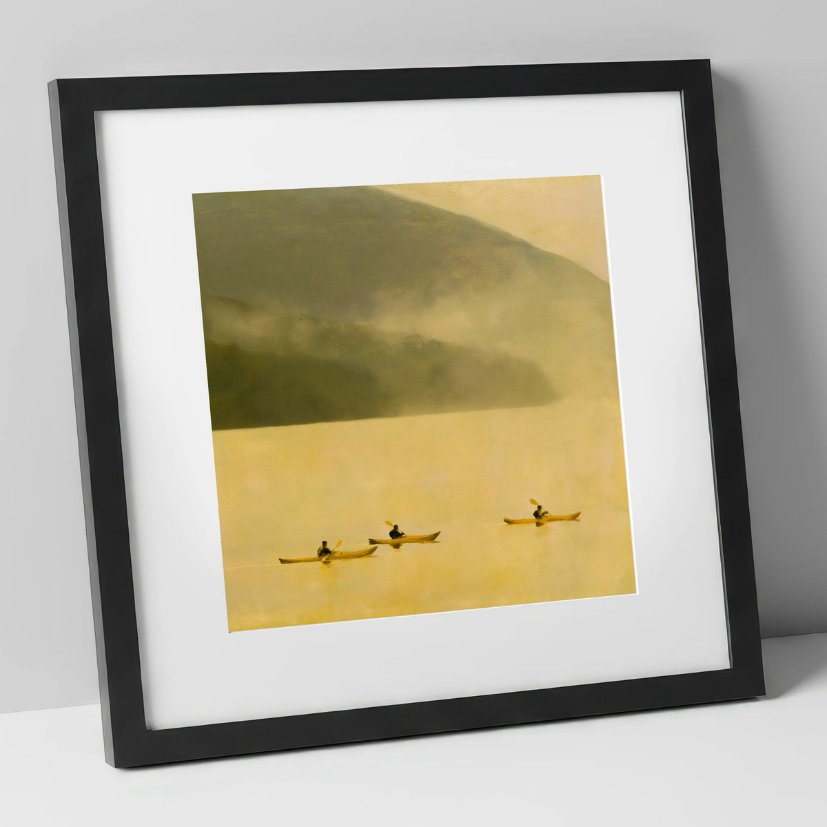 Lake Kayaking in Golden Mist lake district walking art print in black frame