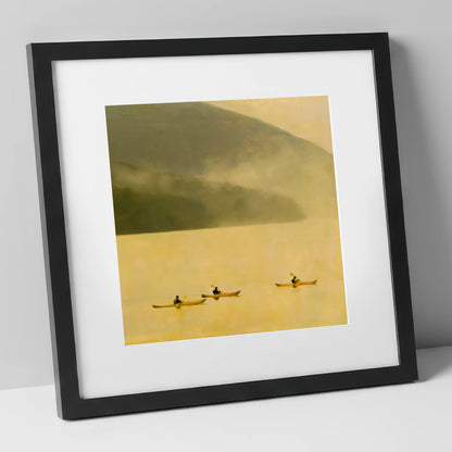 Lake Kayaking in Golden Mist lake district walking art print in black frame