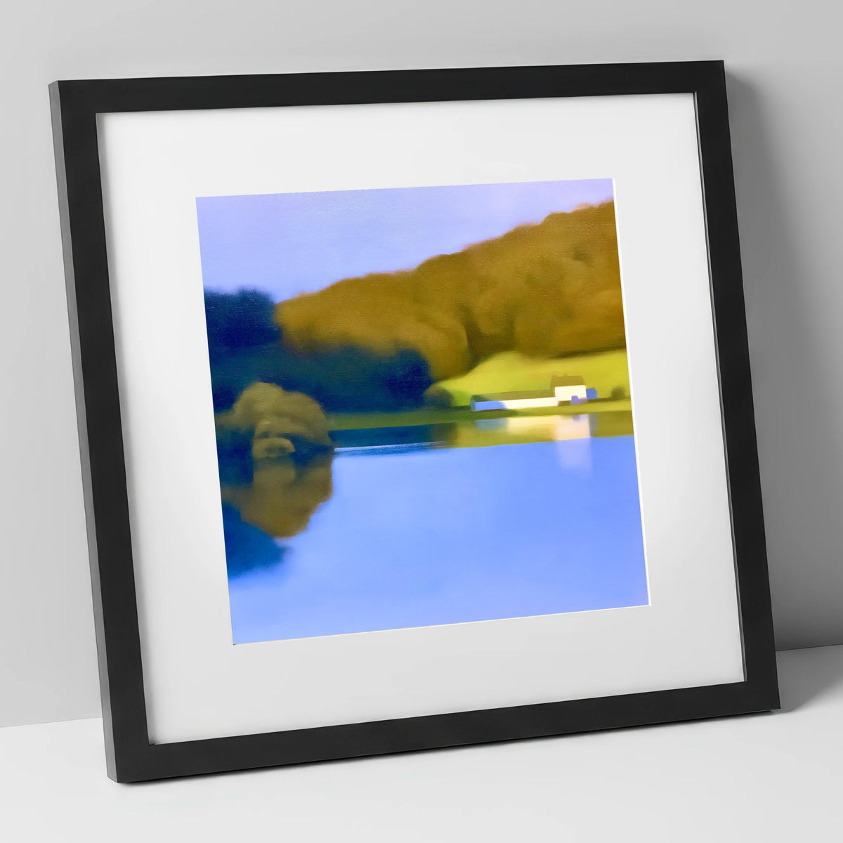 Mirrored Islet on Coniston Water lake district lake art print in black frame