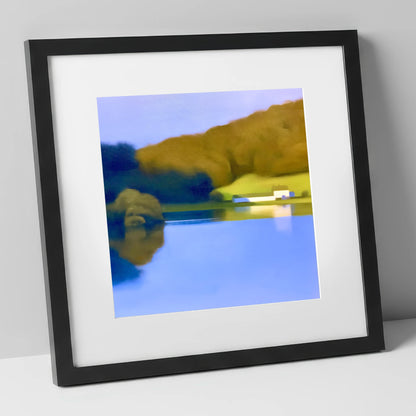 Mirrored Islet on Coniston Water lake district lake art print in black frame