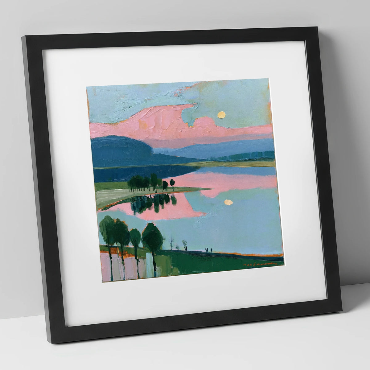 Blush Pink Lake at Dawn lake district lake art print in black frame