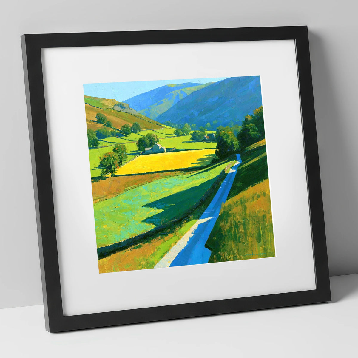 Vibrant Valley Below Blue Fells lake district valley art print in black frame