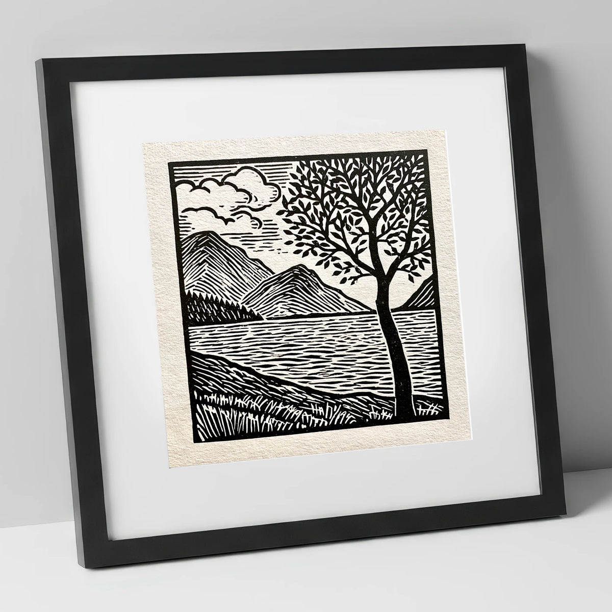 Graphic Crummock Water Fells lake district lake art print in black frame