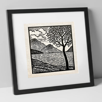 Graphic Crummock Water Fells lake district lake art print in black frame