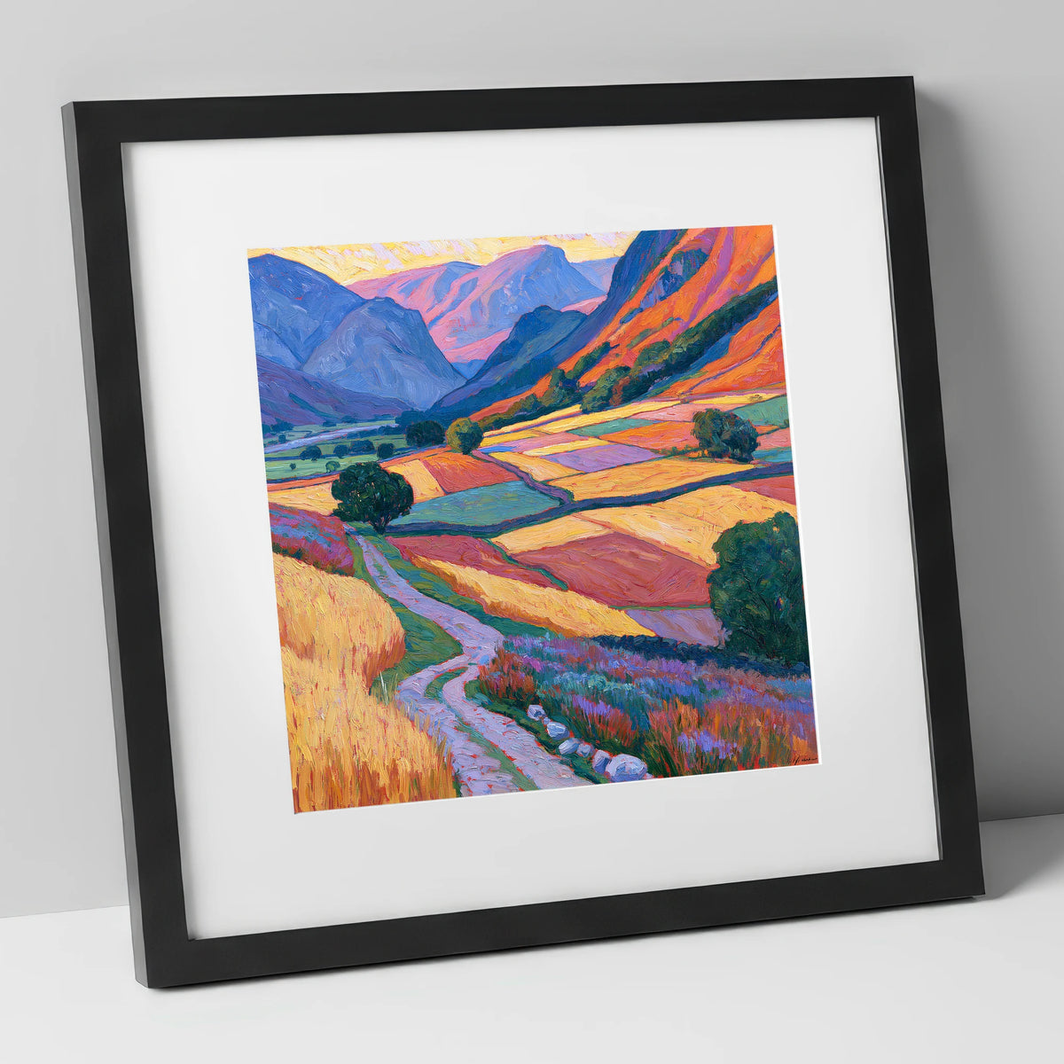 Vivid Patchwork Fields in the Dale lake district valley art print in black frame