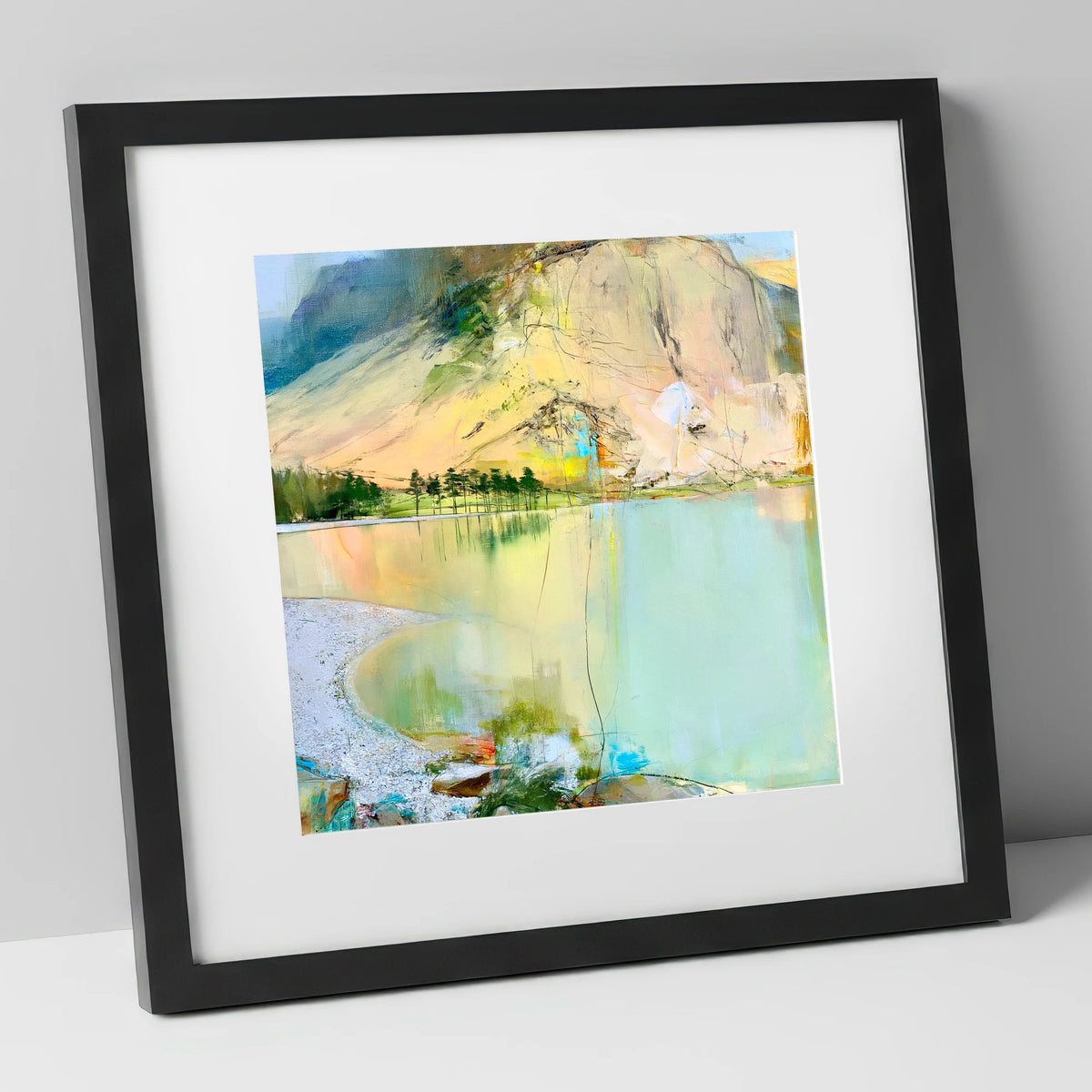 Curving Pebble Shore at Buttermere lake district lake art print in black frame
