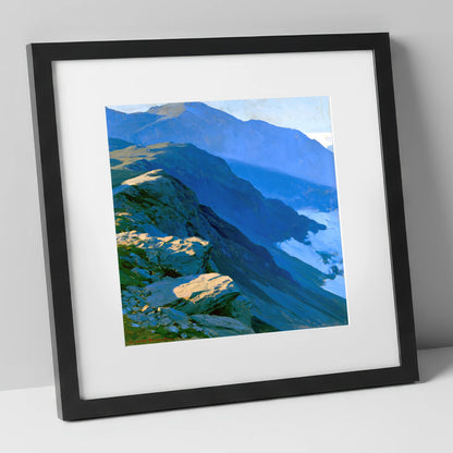 Blue Shadows on Misty Ridge lake district fell art print in black frame