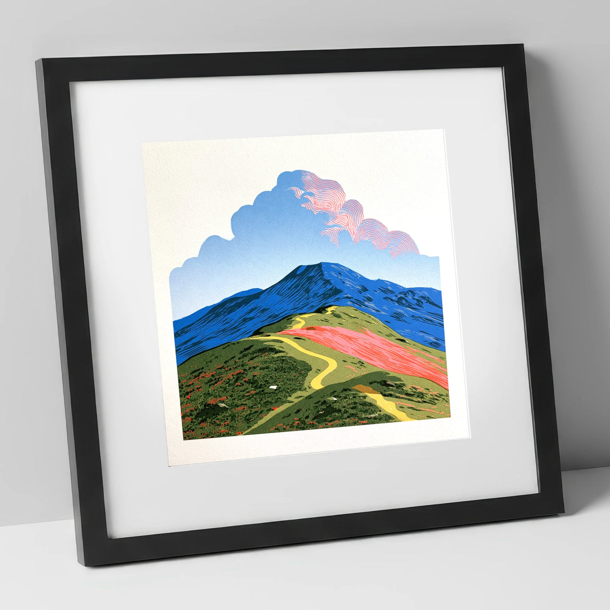 Yellow Path Over Rolling Fells lake district fell art print in black frame