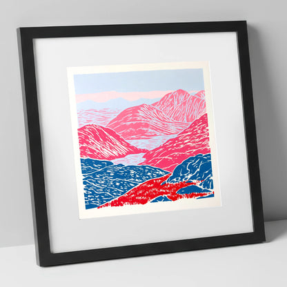Cobalt and Crimson Summit View lake district fell art print in black frame