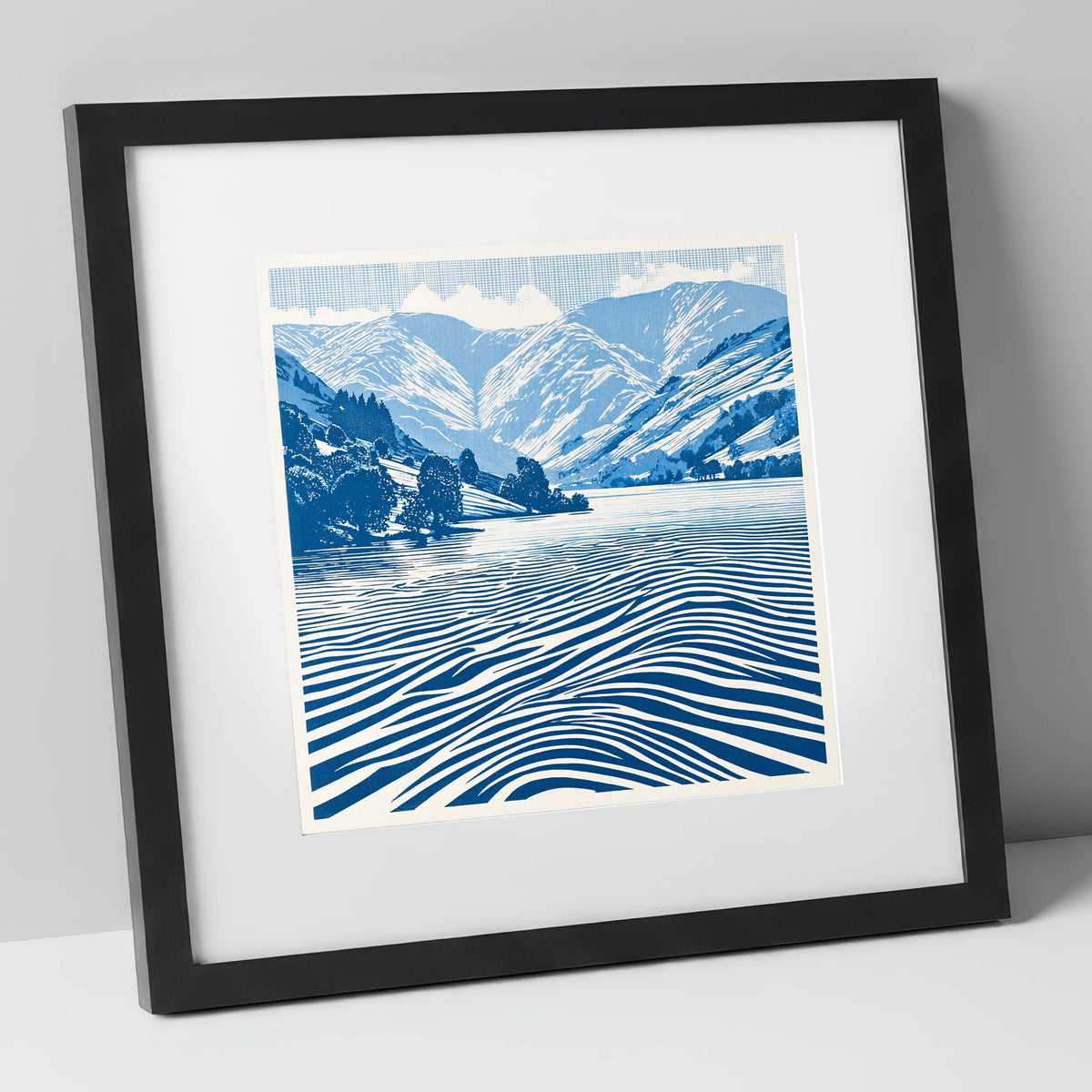 Cobalt Blue Ullswater Fells lake district lake art print in black frame