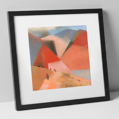 Terracotta Fells and Mountain Walkers lake district walking art print in black frame