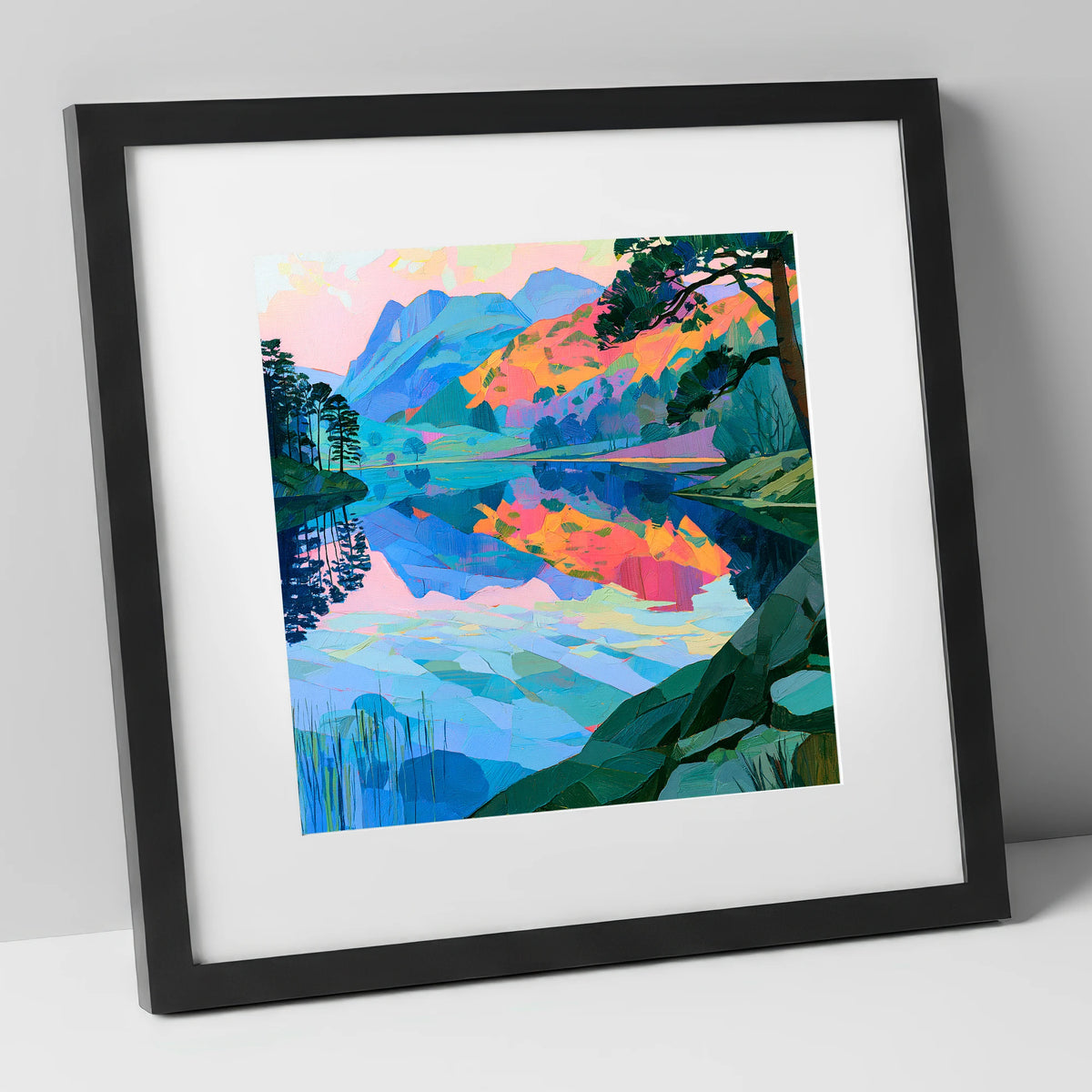 Vibrant Dawn Over Still Lake lake district lake art print in black frame