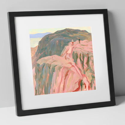 Climbers on a Rosy Crag lake district walking art print in black frame