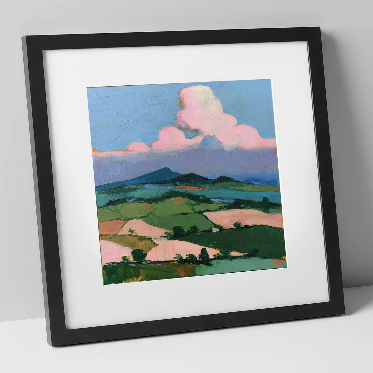 Blush Clouds Over Rolling Fells lake district fell art print in black frame