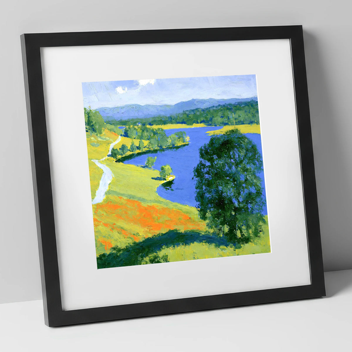 Vivid Colours of Tarn Hows lake district lake art print in black frame