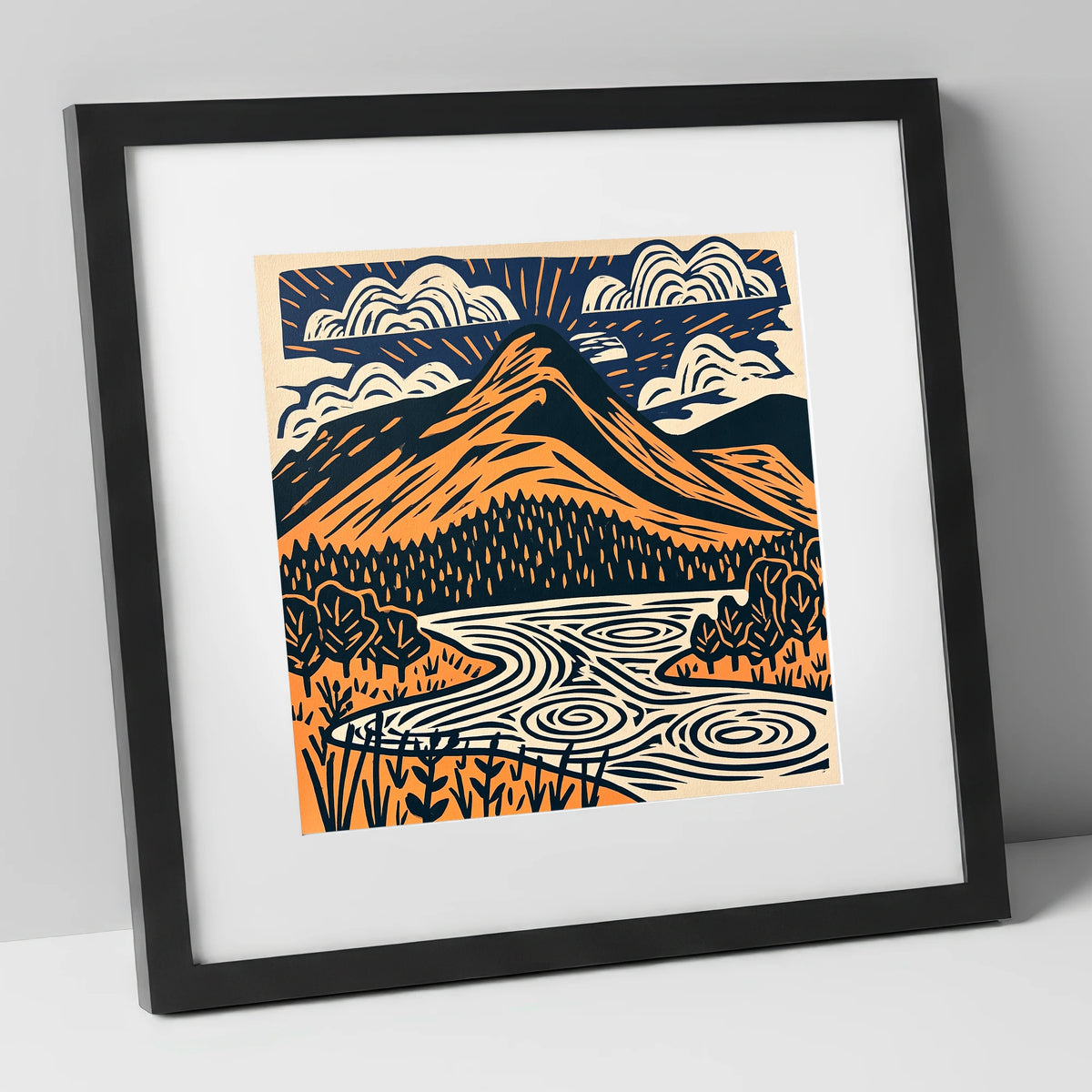 Catbells in Terracotta and Navy lake district fell art print in black frame