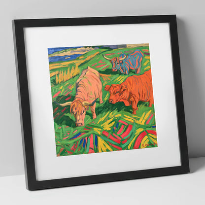 Vibrant Highland Cattle Grazing lake district wildlife art print in black frame