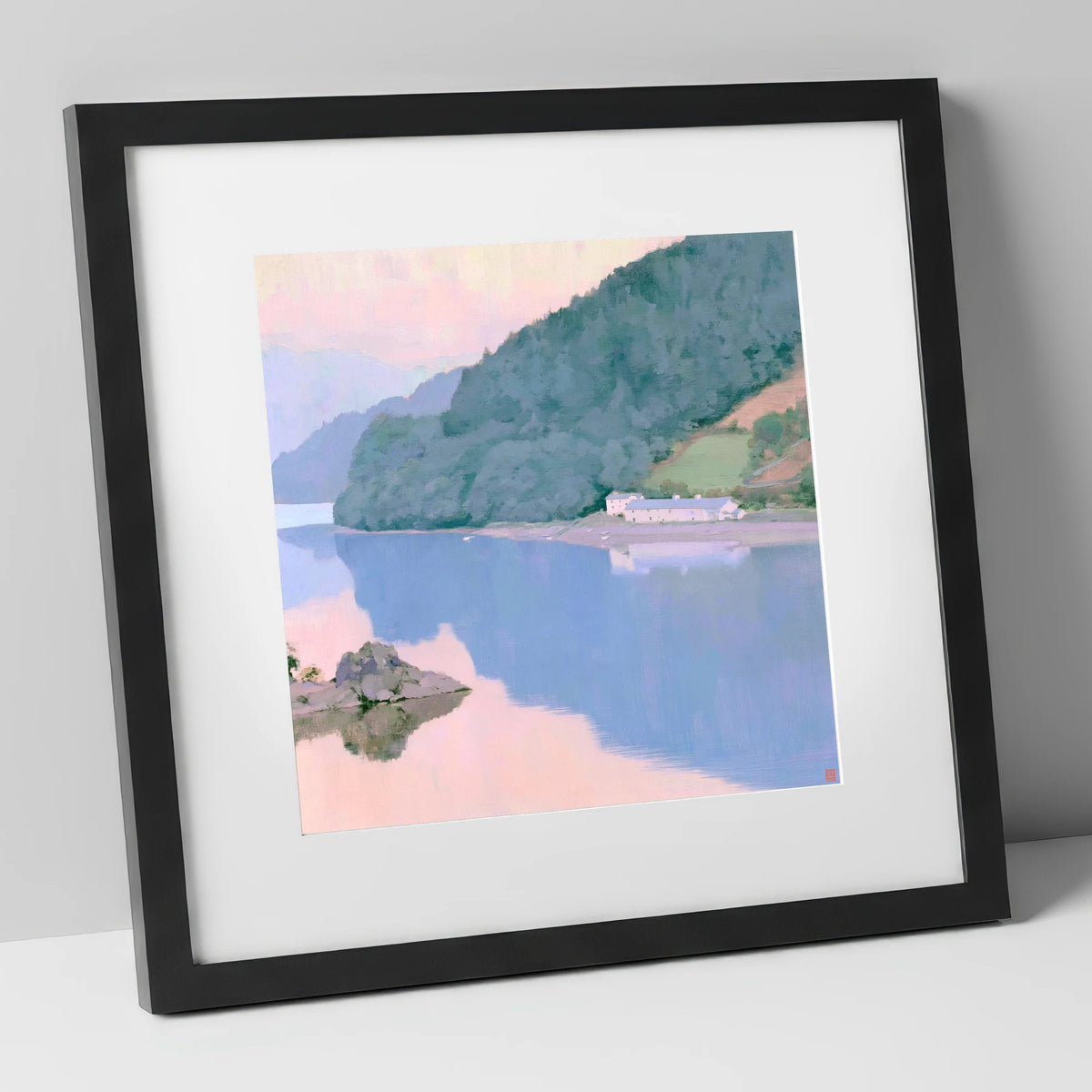 Pink Dawn on Coniston Water lake district lake art print in black frame