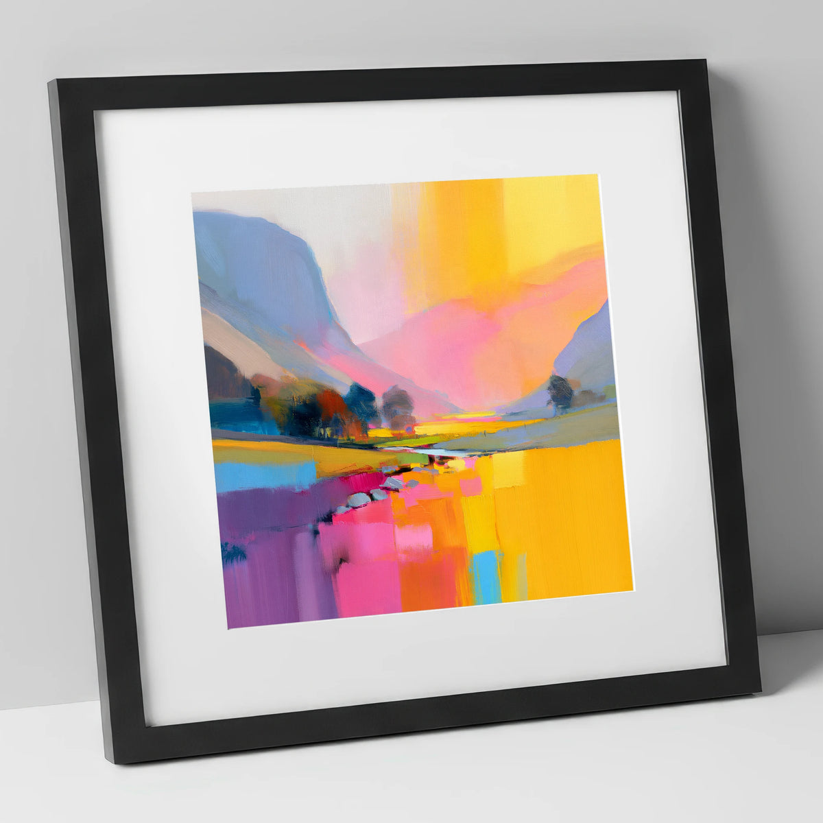 Vivid Pink Lakeland Valley Beck lake district valley art print in black frame
