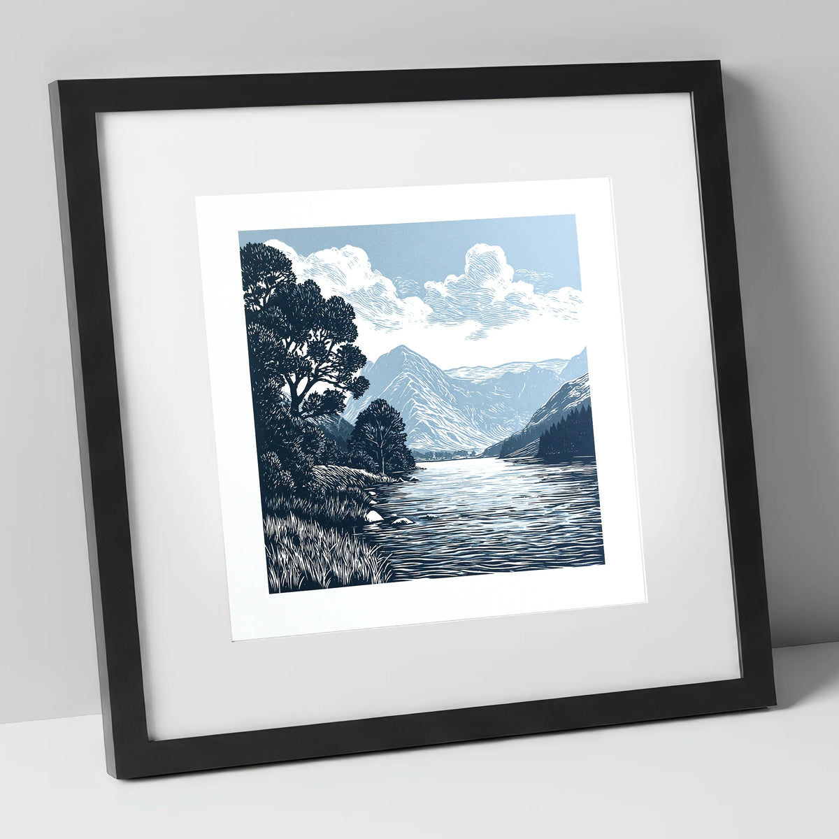 Buttermere in Slate and Navy lake district lake art print in black frame