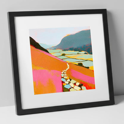 Colourful Fell Path to Patterdale lake district village art print in black frame
