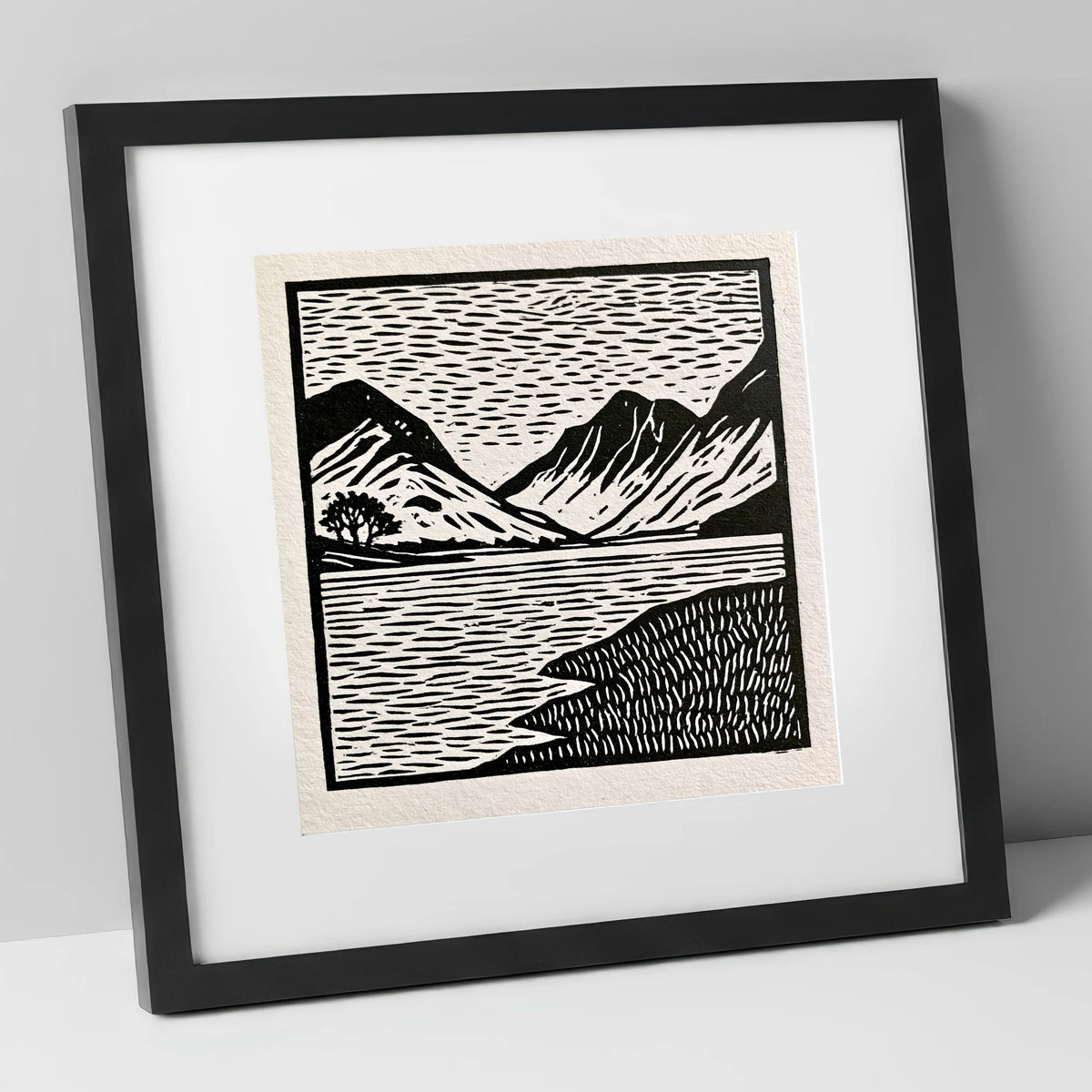 Black and White Buttermere Fells lake district lake art print in black frame