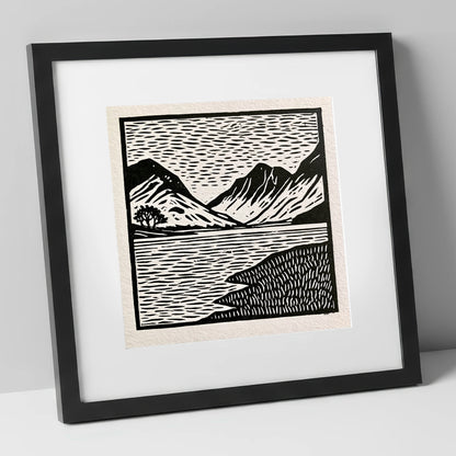 Black and White Buttermere Fells lake district lake art print in black frame