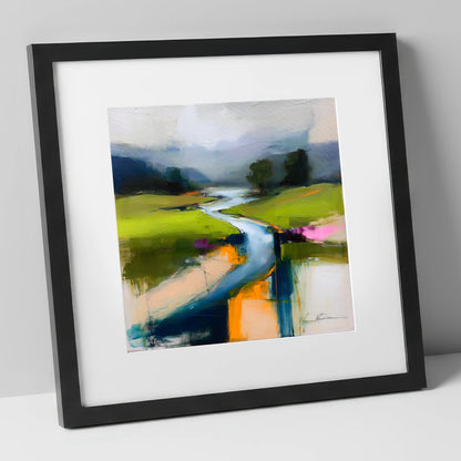 Vibrant Winding River and Valley lake district waterfall art print in black frame