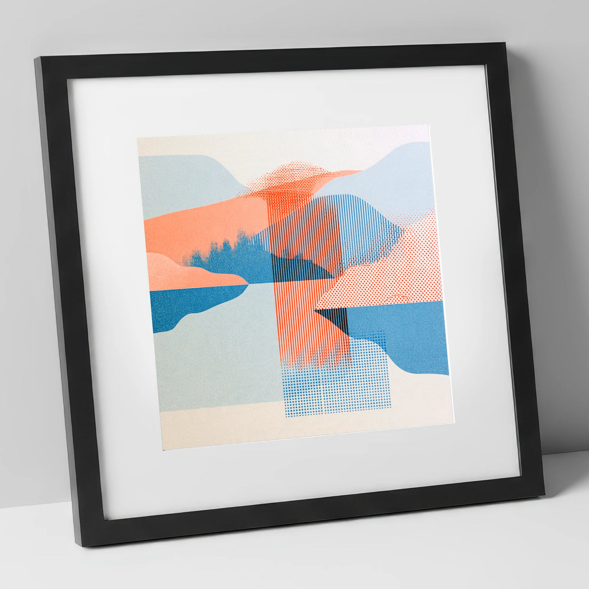 Geometric Lake and Fell Reflections lake district lake art print in black frame