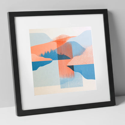 Geometric Lake and Fell Reflections lake district lake art print in black frame