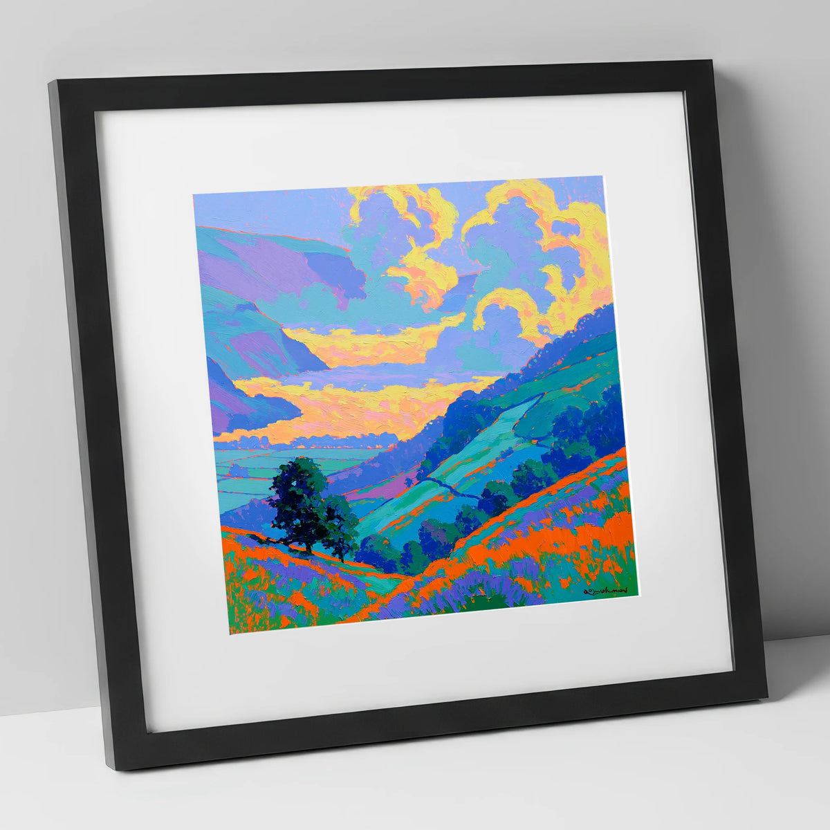 Vibrant Morning Valley Mist lake district sky art print in black frame