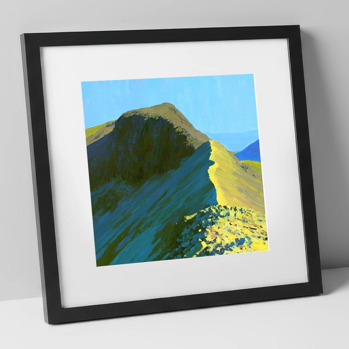 Sunlit Bowfell Ridge Path lake district fell art print in black frame