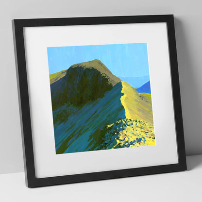 Sunlit Bowfell Ridge Path lake district fell art print in black frame